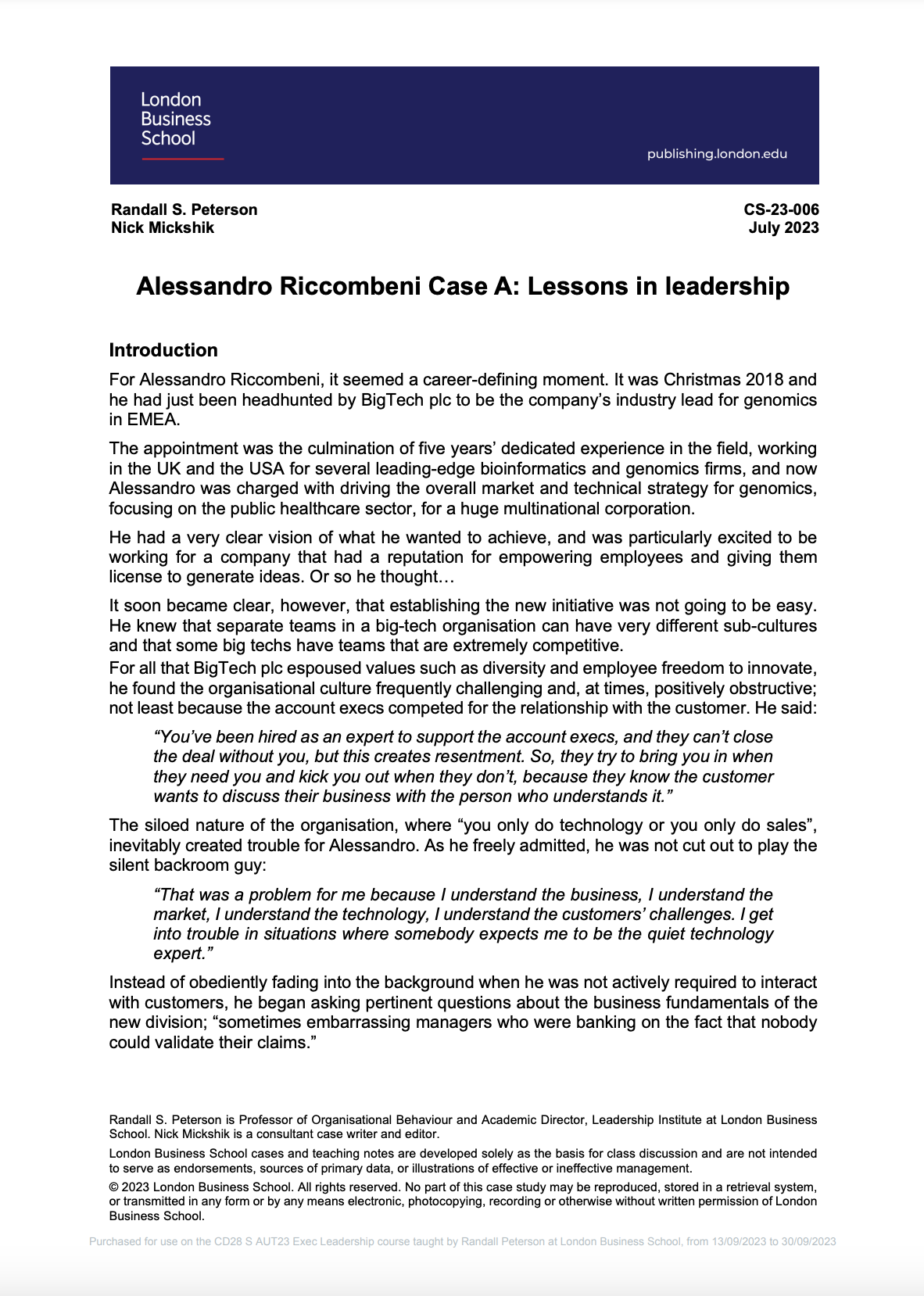 Alessandro Riccombeni Case A: Lessons in leadership