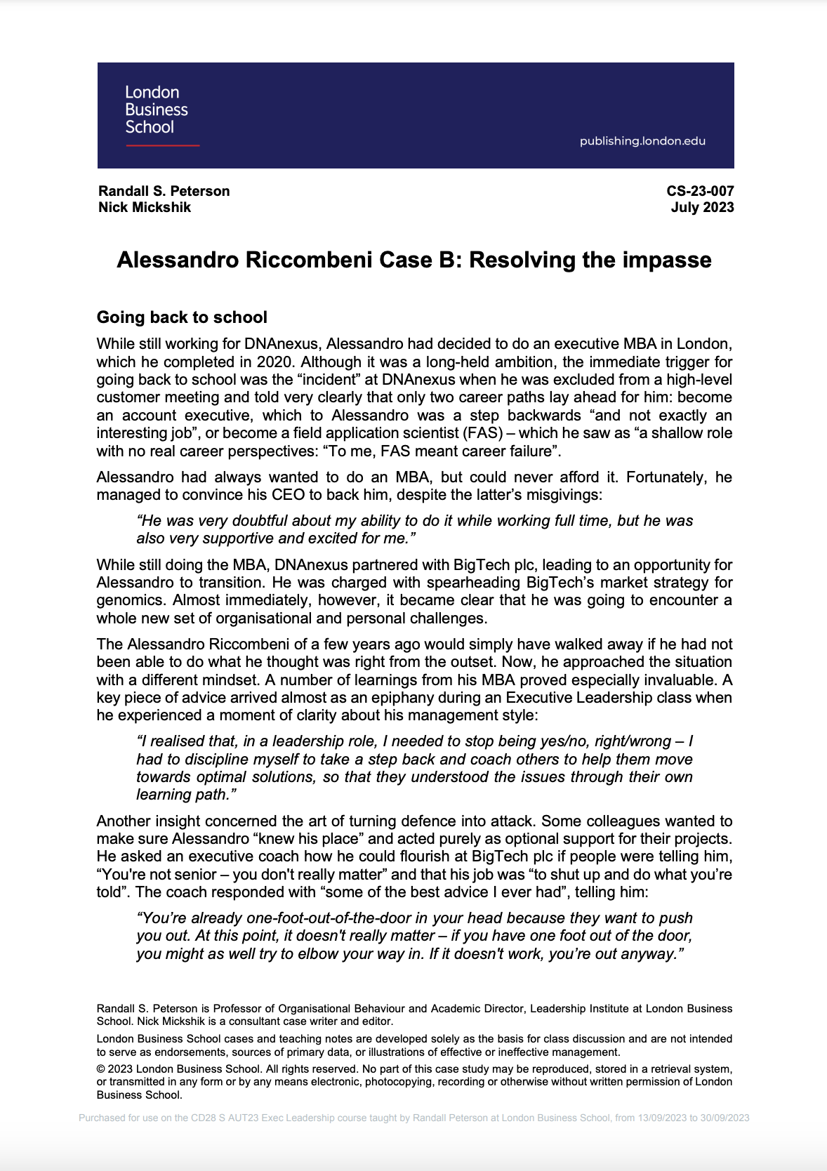Alessandro Riccombeni Case B: Resolving the impasse